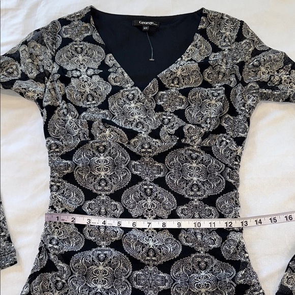 George Blouse Black & White Graphic Fitted Long Sheer Sleeve Criss Cross Bodice - Picture 8 of 10